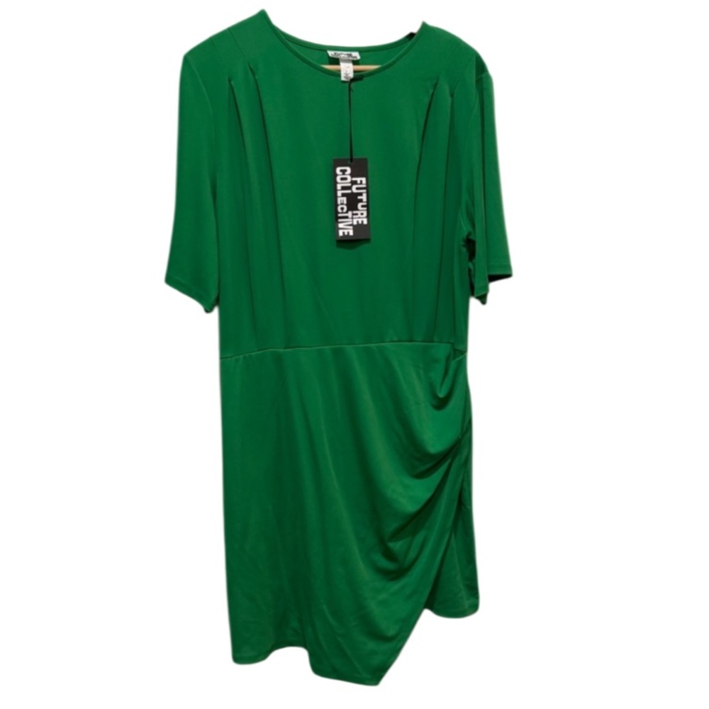 Future Collective Draped Short Sleeve Green Women's Midi Dress Size Large